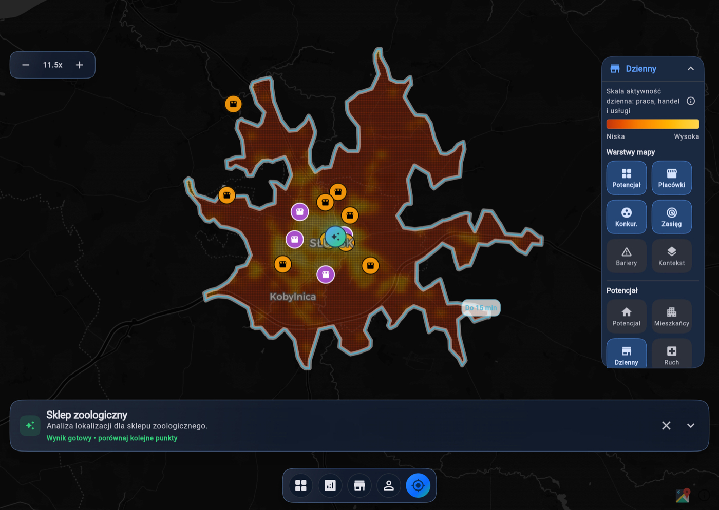 Desktopowy widok aktywności dziennej i konkurencji w aplikacji FranczyzoMapa